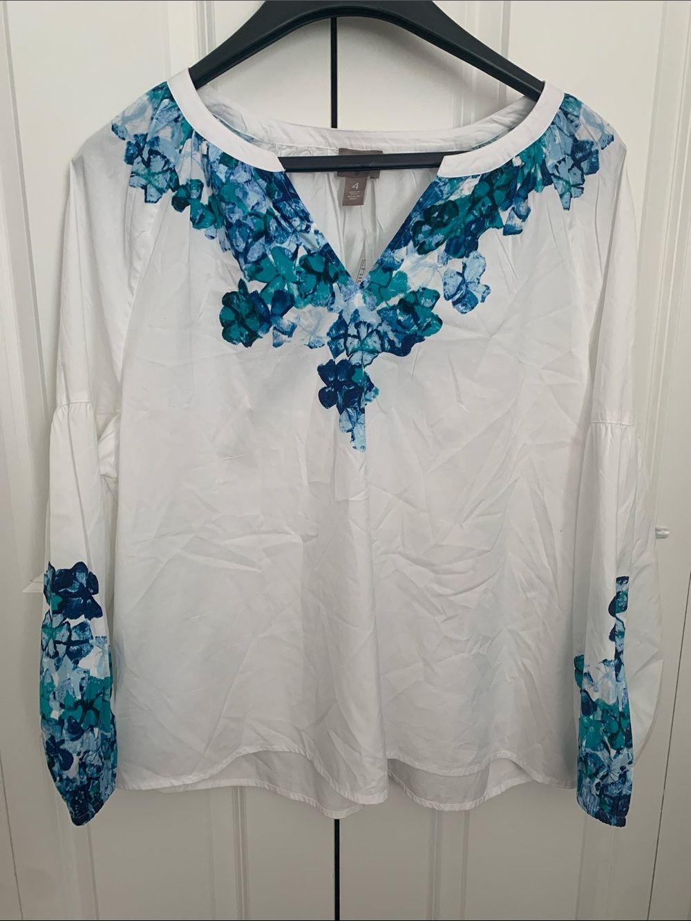 Chico's White Blouse with Blue and Teal Floral Yoke